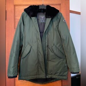Abercrombie winter coat, dark green and black velour hood, size small